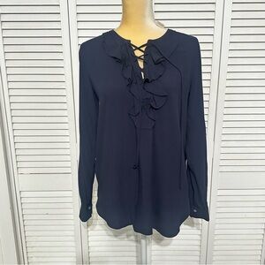 Ann Taylor Loft Navy Blouse with Lace-Up and Ruffle Details